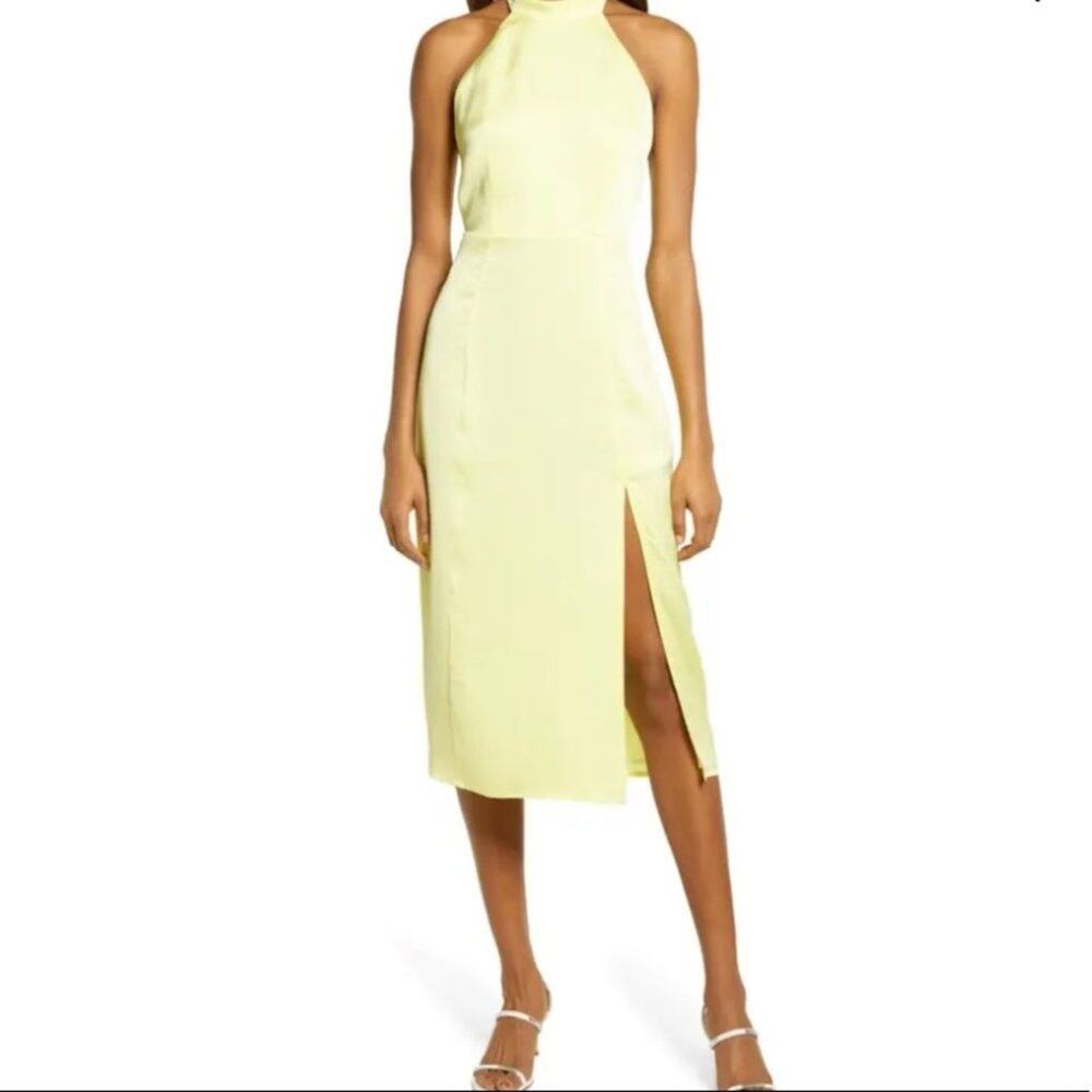 Lulus Perfectly Polished Halter Neck Midi Thigh Slit Dress In Yellow Size Large